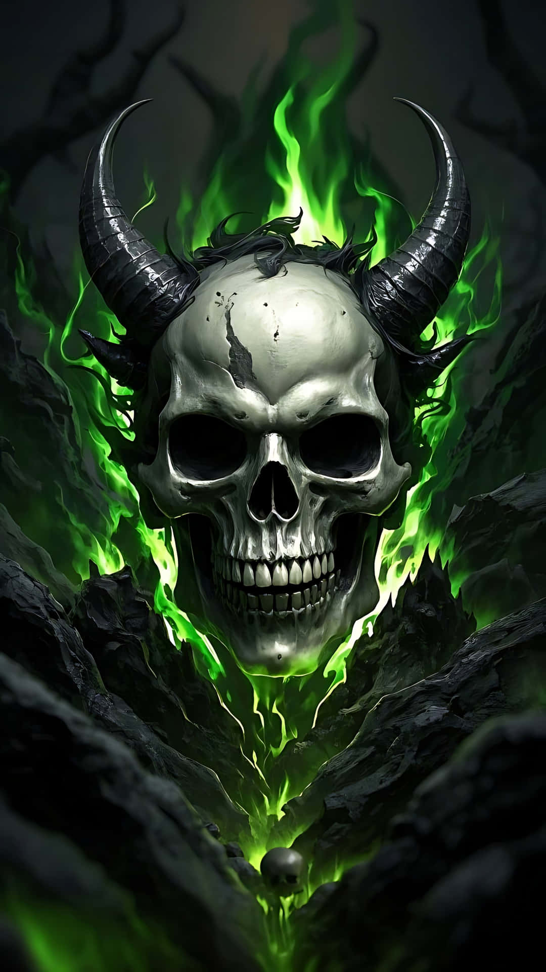 Skull with Devil Horns and Burning Shadows. ghost wallpaper 壁紙 — 一個帶有彎曲角的惡魔頭骨從黑暗岩石中爆發，被鮮綠色火焰吞沒。