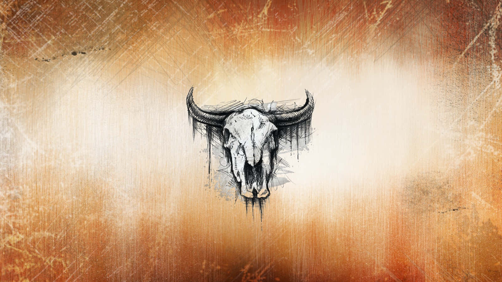 Bull Head 桌布 壁紙 — 一個帶有彎曲角的醒目公牛頭骨從帶有粗糙筆觸效果的紋理橙色和米色背景中浮現。