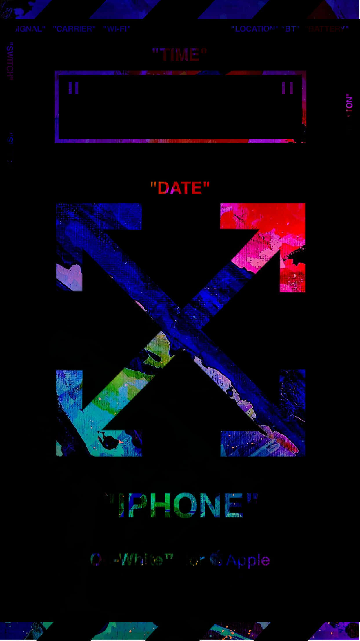 Off White iPhone 桌布 壁紙 — 一個帶有彩色碎片X標誌的故障數位桌布，背景為黑色，並有文字疊加。