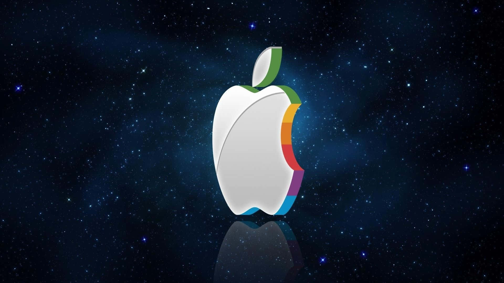 Cool Apple 桌布 壁紙 — 一個帶有彩虹咬痕的光澤Apple標誌漂浮在星空宇宙背景上，下方有反射表面。