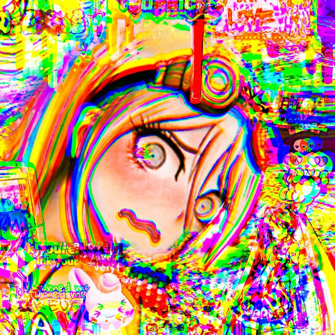 動漫女孩 桌布 壁紙 — 一個帶有彩虹扭曲和漂浮文字的故障藝術動漫女孩，身處迷幻的數位爆炸中。
