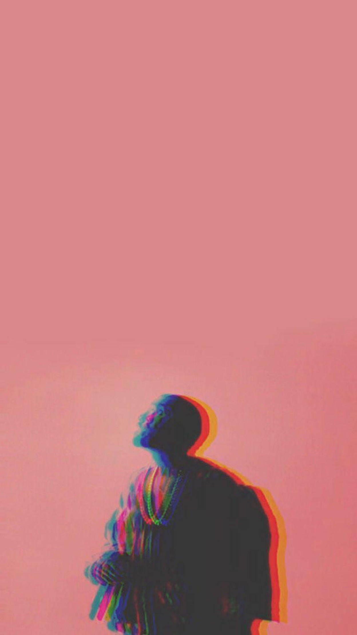 dope iPhone 桌布 壁紙 — 一個帶有彩虹故障效果的人站在純粉紅色背景前，頭部向上傾斜，呈現沉思姿態。