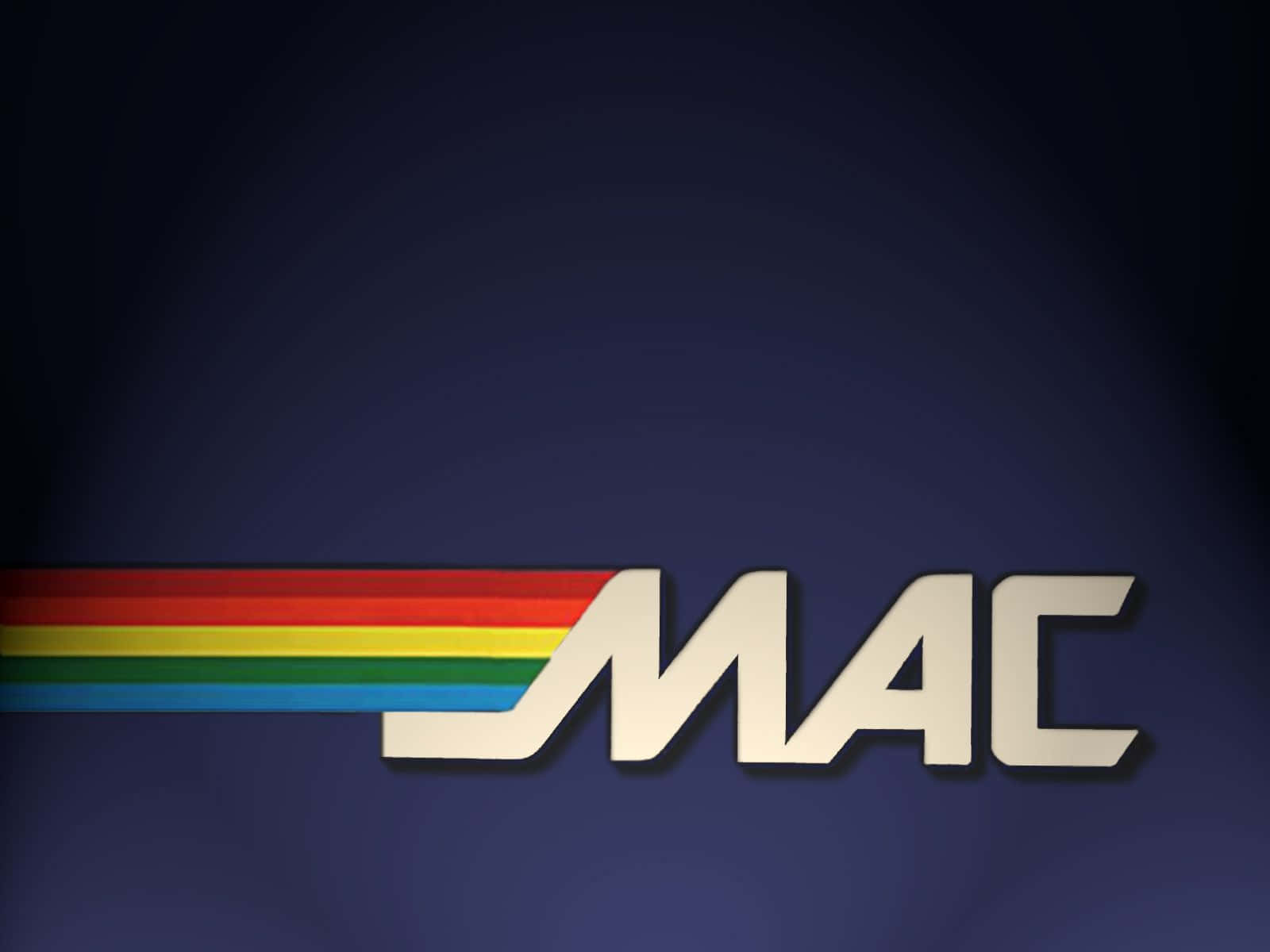 桌布 壁紙 — 一個帶有彩虹條紋的復古 Mac 標誌在深藍色漸變背景上發光。