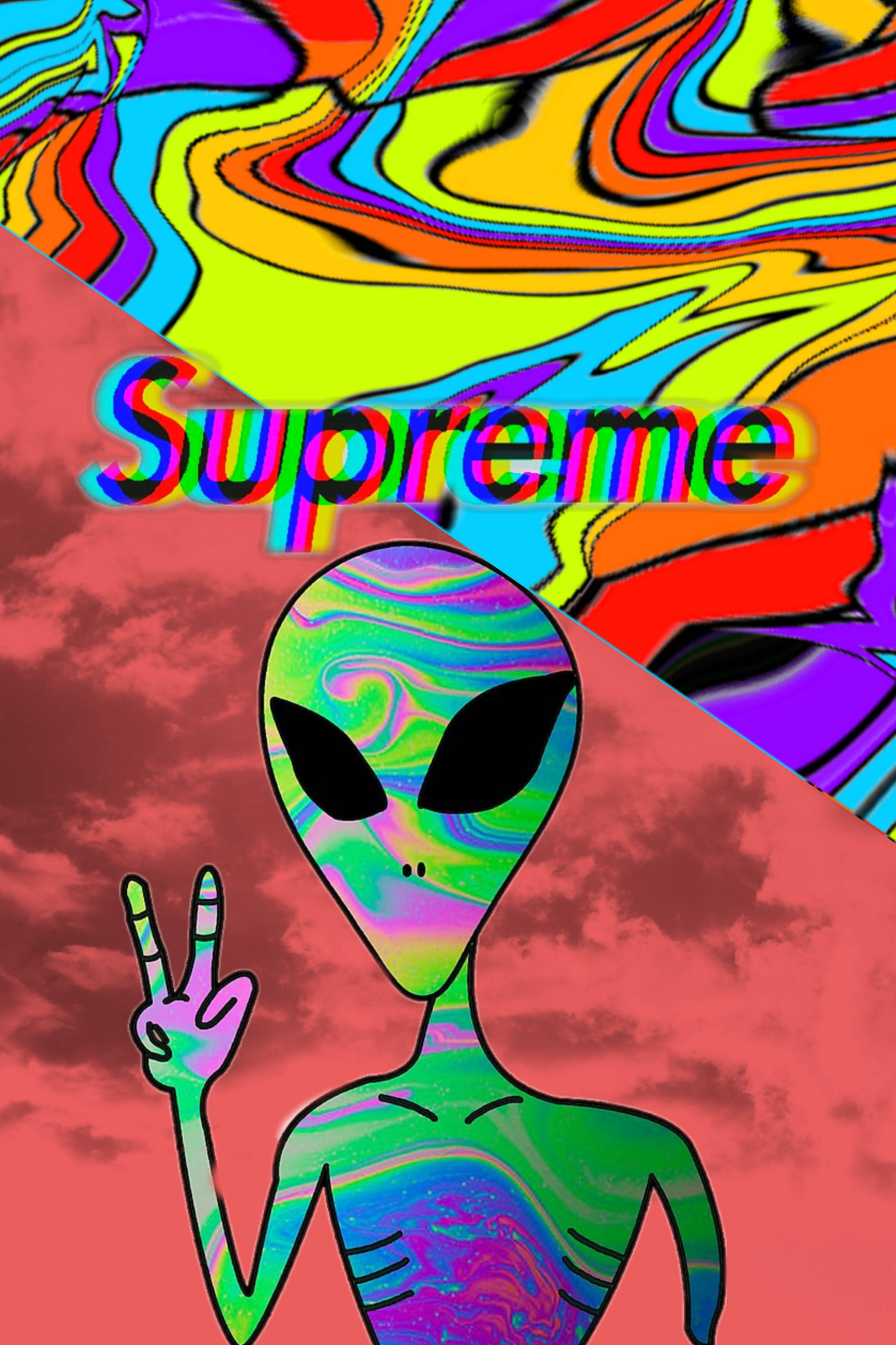 滴落感 桌布 壁紙 — 一個帶有彩虹漩渦的迷幻外星人在充滿活力、扭曲的天空中做出和平手勢，並帶有 Supreme 字樣。