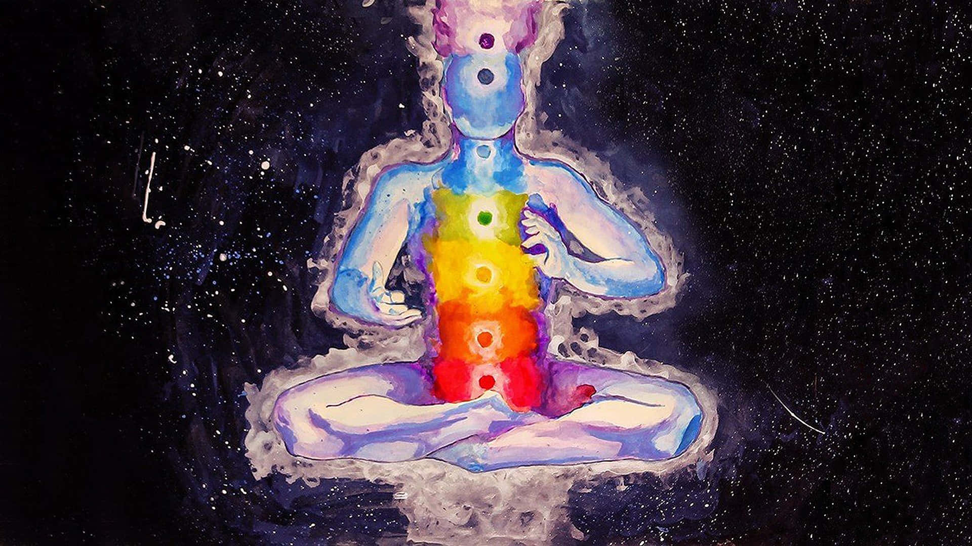 桌布 壁紙 — 一個帶有彩虹脈輪的冥想人物，在水彩風格的星空宇宙背景下發光。