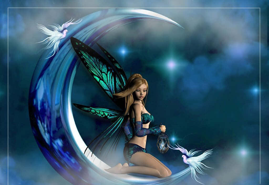 Cute Fairy 桌布 壁紙 — 一個帶有彩虹色翅膀的數位仙子優雅地坐在一個發光的彎月上，周圍環繞著星光和空靈的鳥兒。