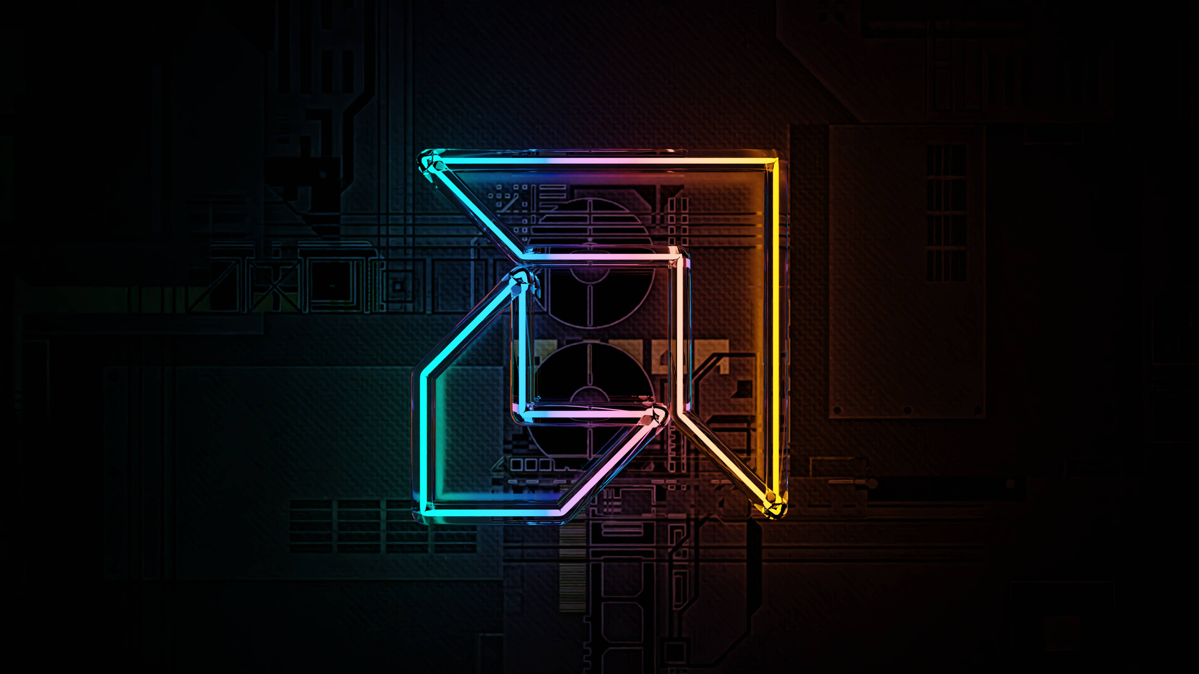 AMD 桌布 壁紙 — 一個帶有彩虹色調的發光霓虹幾何標誌，在黑暗的電路板背景上脫穎而出。