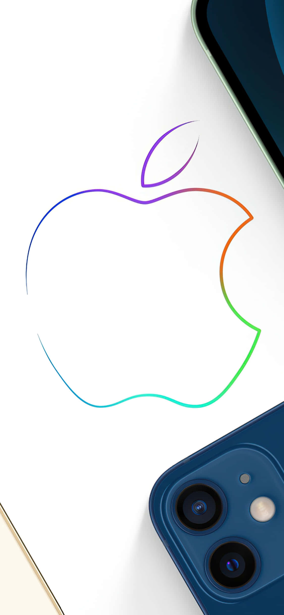 iPhone Xs Max Apple 桌布 壁紙 — 一個帶有彩虹輪廓的Apple標誌放在白色表面上，旁邊是一部藍色iPhone，帶有柔和陰影。