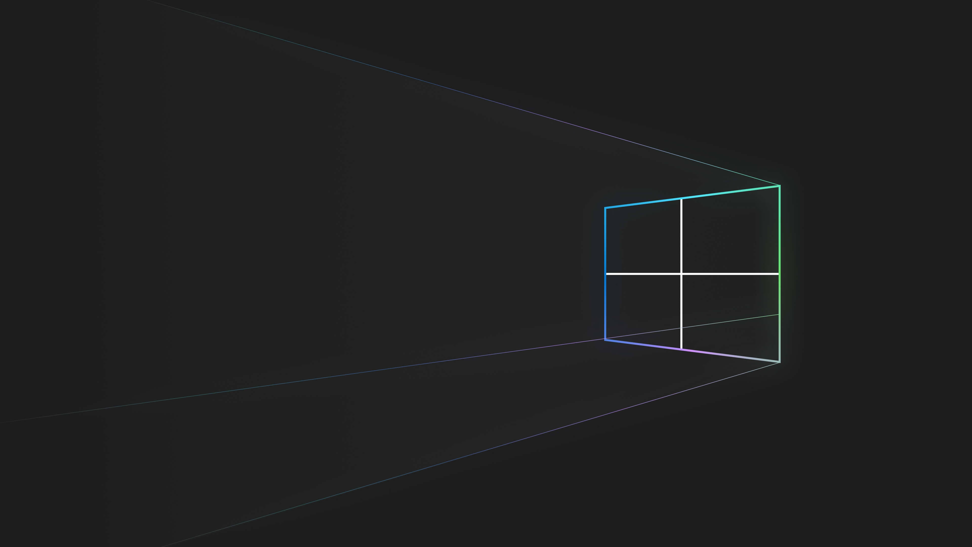 Dark Windows 桌布 壁紙 — 一個帶有彩虹邊緣的發光Windows標誌視窗漂浮在黑暗虛空中，由微弱的幾何線條框住。