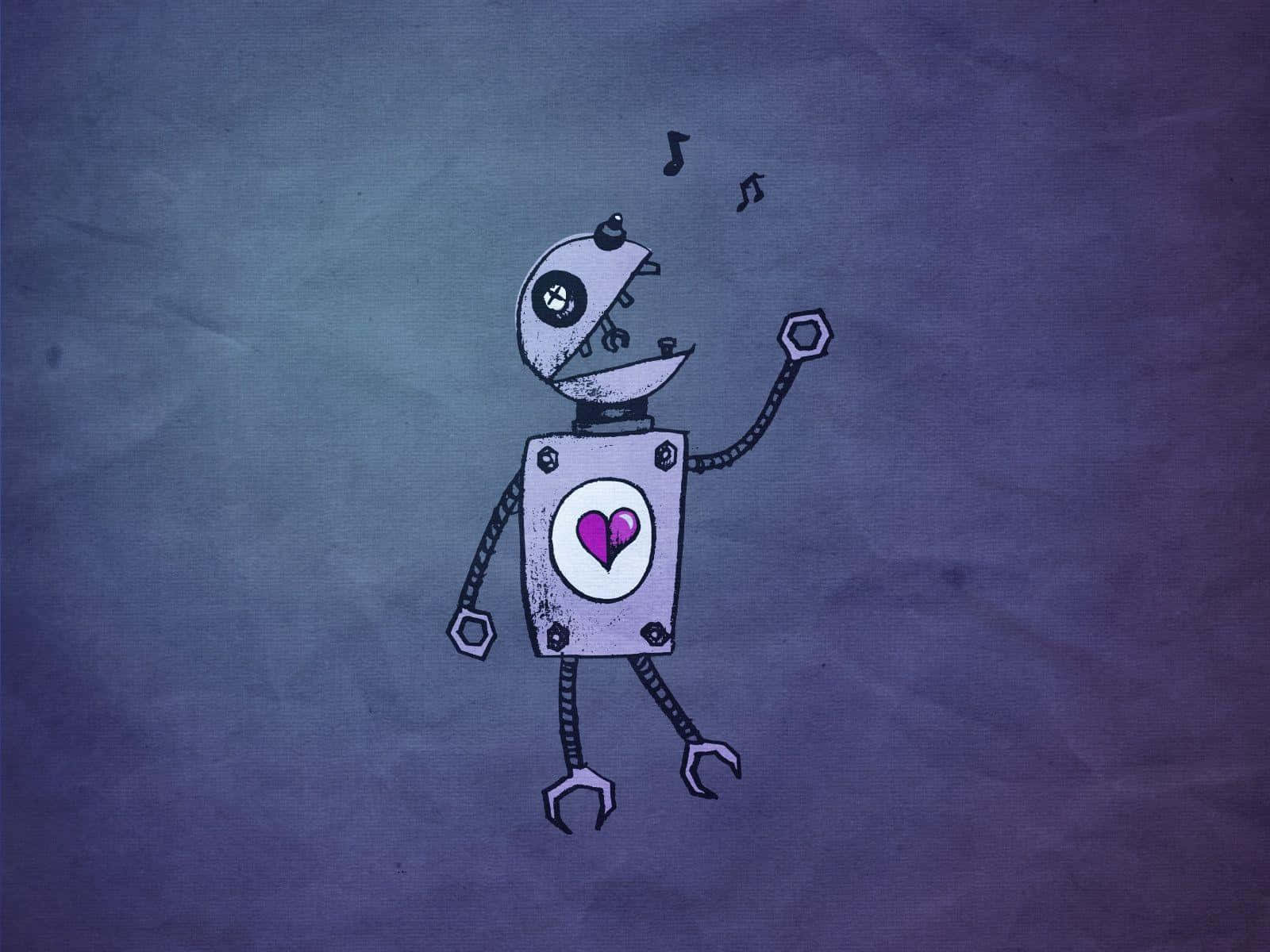 Cartoon Robot 桌布 壁紙 — 一個帶有心形標誌的奇幻紫色機器人，在帶有紋理的藍紫色背景前快樂地唱歌。