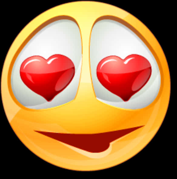 Love Emoji 桌布 壁紙 — 一個帶有心形眼睛和燦爛笑容的光澤黃色表情符號臉，背景為黑色。