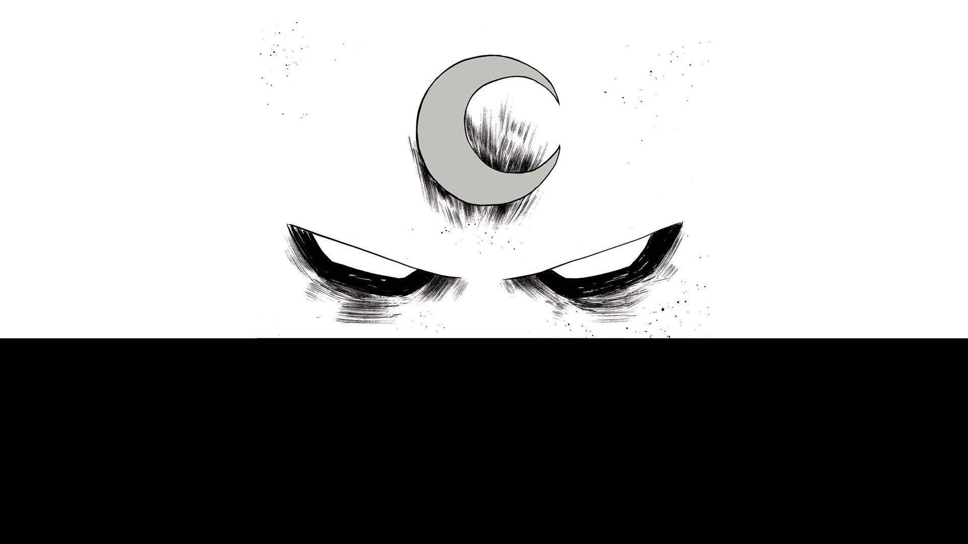Moon Knight 桌布 壁紙 — 一個帶有怒視眼睛的威脅性新月，從一片純白天空俯視著下方的黑色虛空。