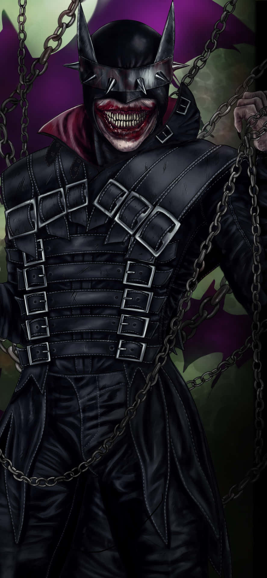 The Batman Who Laughs 桌布 壁紙 — 一個帶有怪異笑容和尖刺頭罩的威脅性蝙蝠俠形象，被沉重的鎖鏈束縛在深紫色和綠色的背景上。
