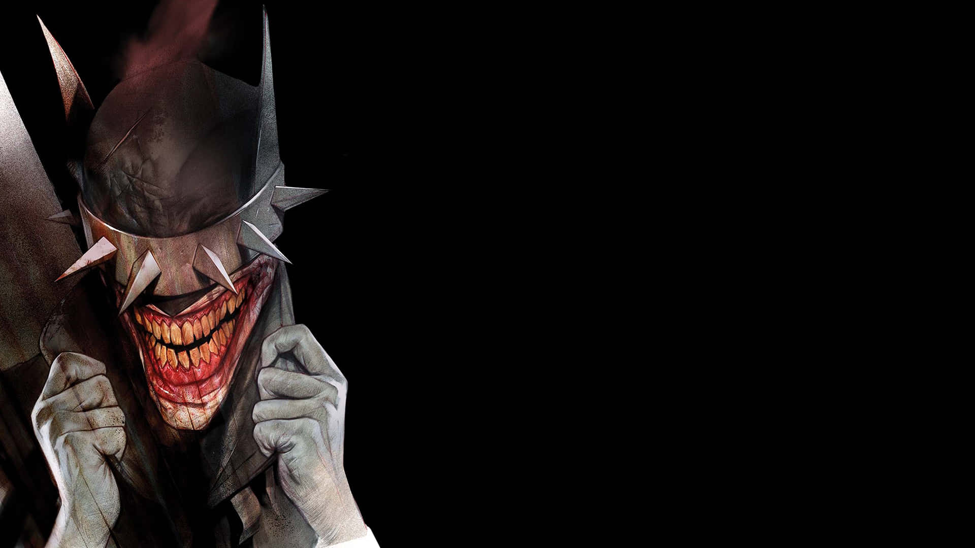 The Batman Who Laughs 桌布 壁紙 — 一個帶有怪誕血淋淋笑容和尖刺頭罩的威脅性蝙蝠俠，背景為黑色。