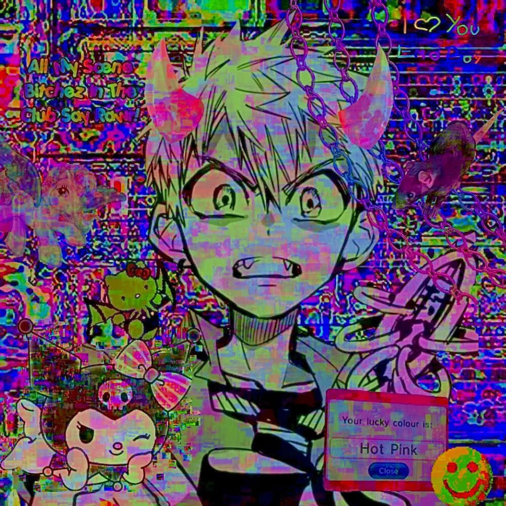 Glitchcore 桌布 壁紙 — 一個帶有惡魔角和鎖鏈的故障動漫角色，被混亂多彩的數位偽影和文字疊加包圍。