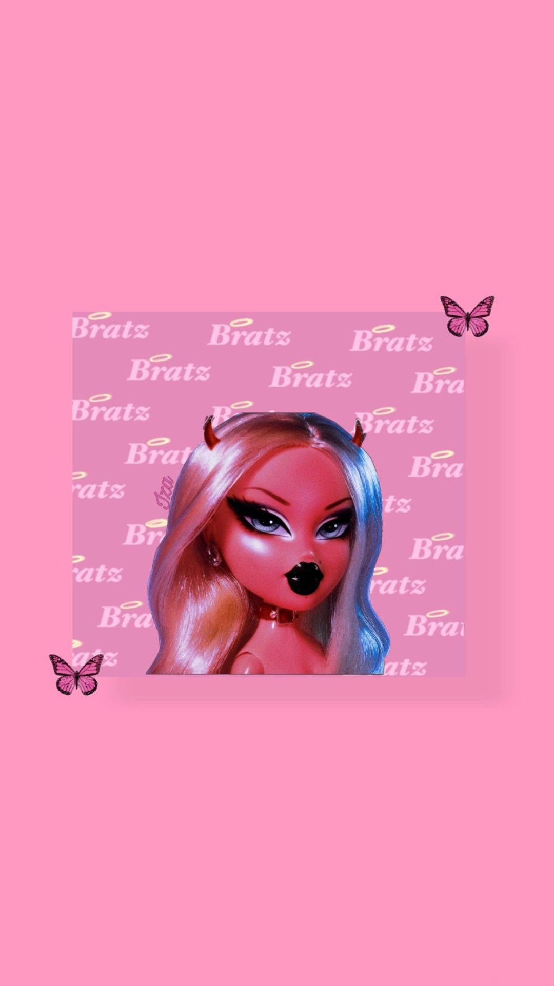 壞女孩頭貼 桌布 壁紙 — 一個帶有惡魔角和黑色嘴唇的 Bratz 娃娃，位於粉紅色背景中央，背景上有重複的 Bratz 文字和蝴蝶。
