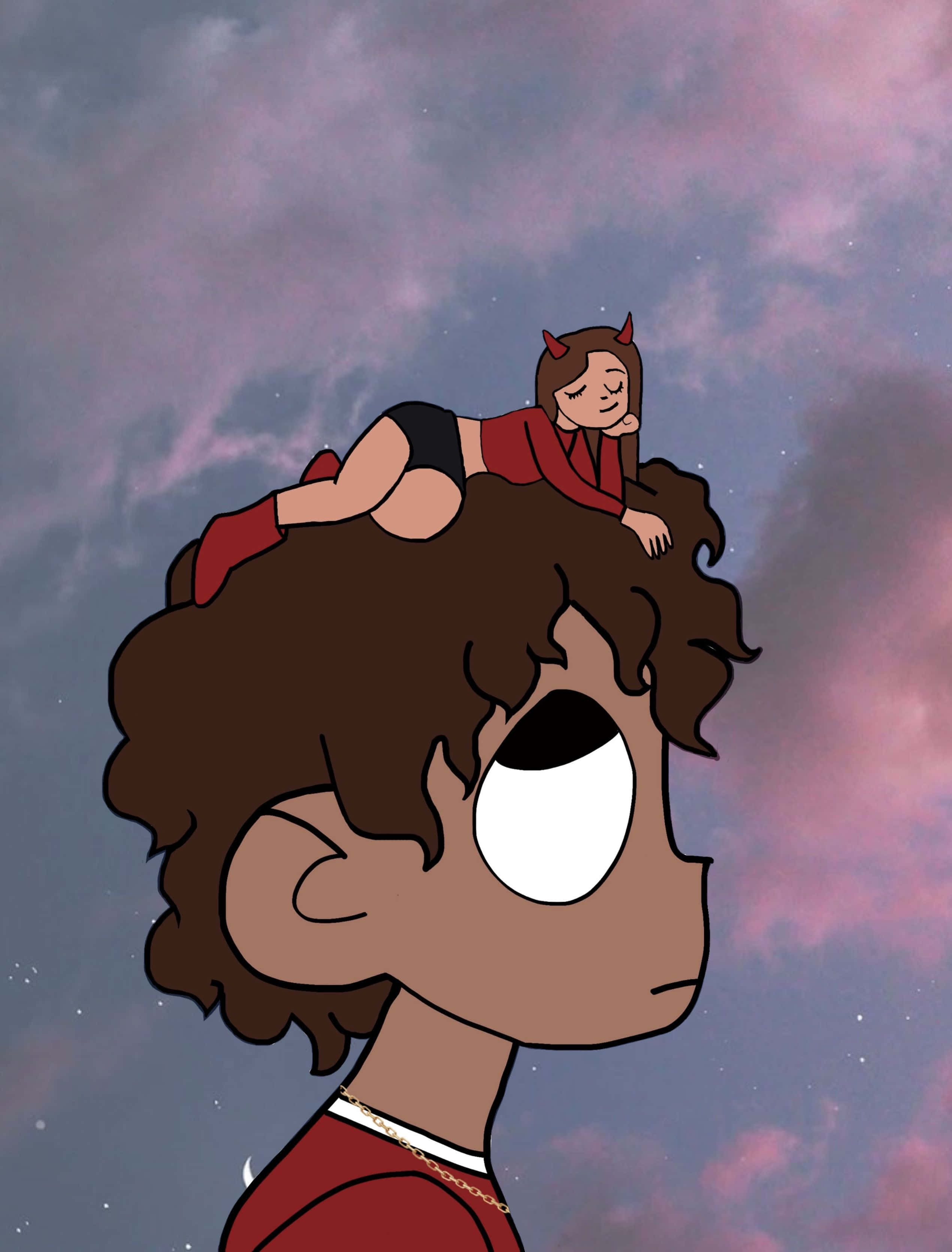 Lil Uzi Cartoon 桌布 壁紙 — 一個帶有惡魔角的卡通女孩躺在一個男孩的頭上，背景是繁星點點的暮色天空。