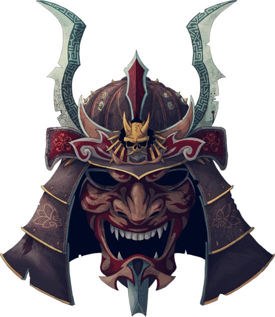 武士動畫 桌布 壁紙 — 一個帶有惡魔面孔和華麗彎曲角的威脅性武士頭盔，背景為深色。