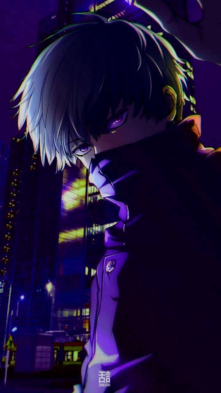 白髮紫眼的動漫角色，在夜晚的霓虹城市中。 — 動漫男孩暗黑 壁紙