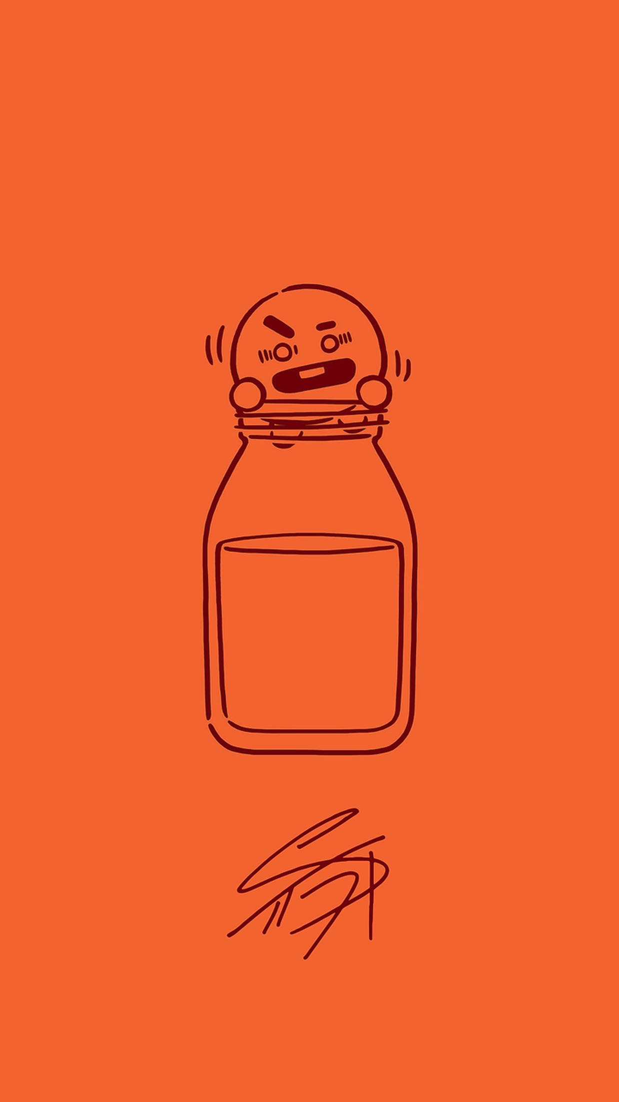 shooky bt21 桌布 壁紙 — 一個帶有憤怒表情的卡通臉貼在玻璃罐蓋上，背景為純橙色。