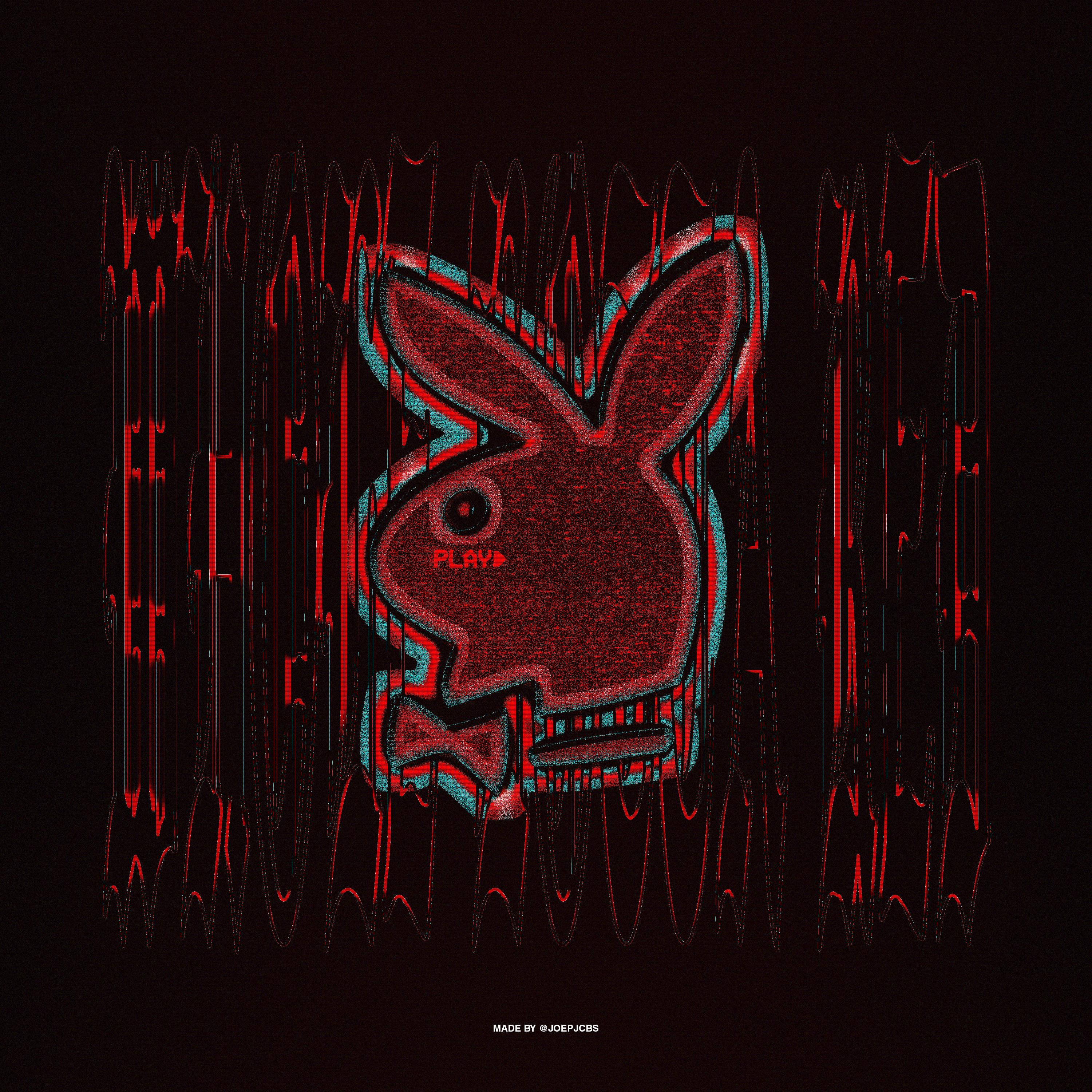 Whole Lotta Red 桌布 壁紙 — 一個帶有扭曲垂直線條的紅色和藍綠色Playboy兔子標誌，背景為黑色，帶有故障效果。