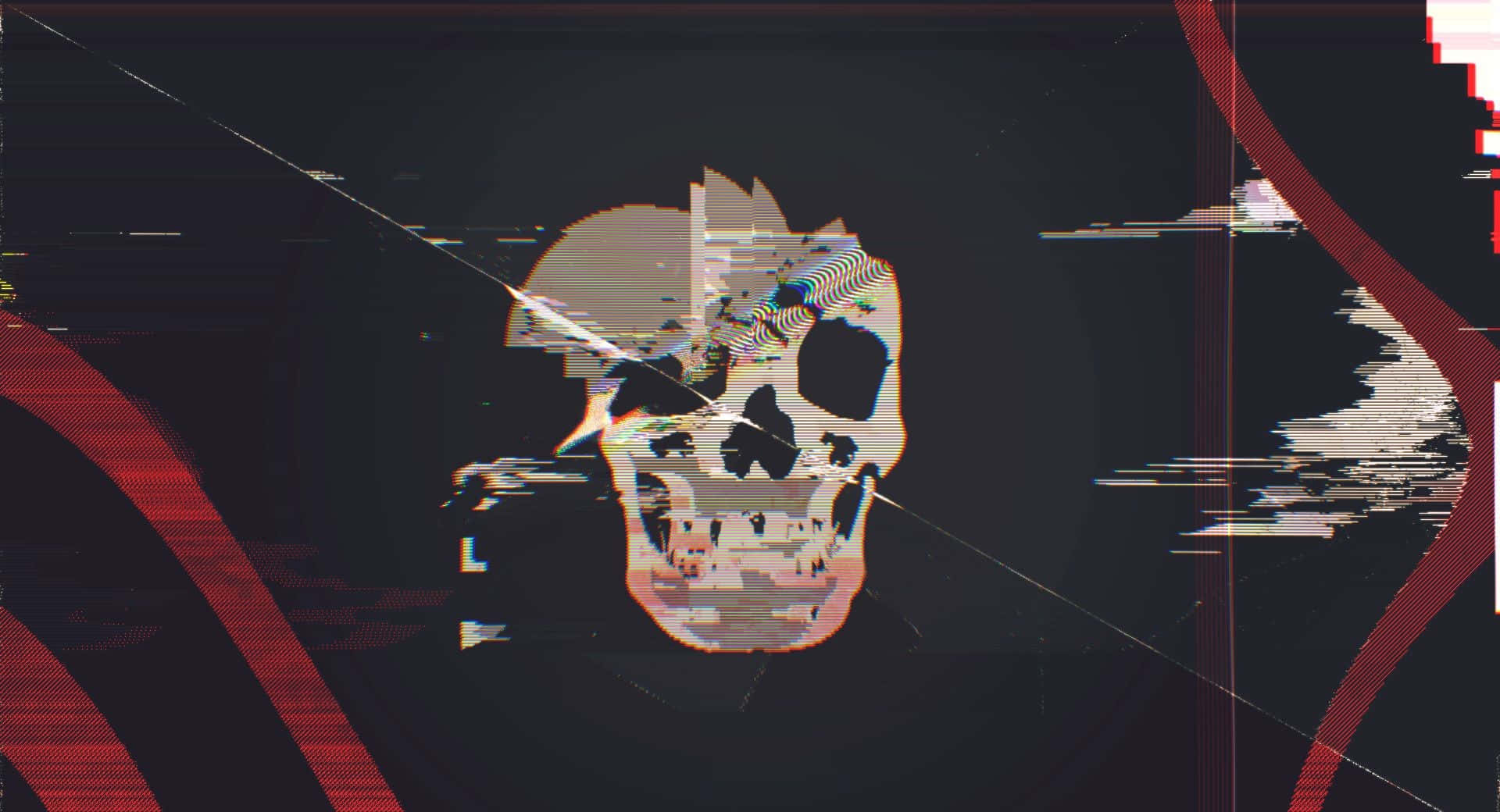 Glitch 桌布 壁紙 — 一個帶有扭曲數位偽影和紅色曲線的故障骷髏頭，背景為深色。
