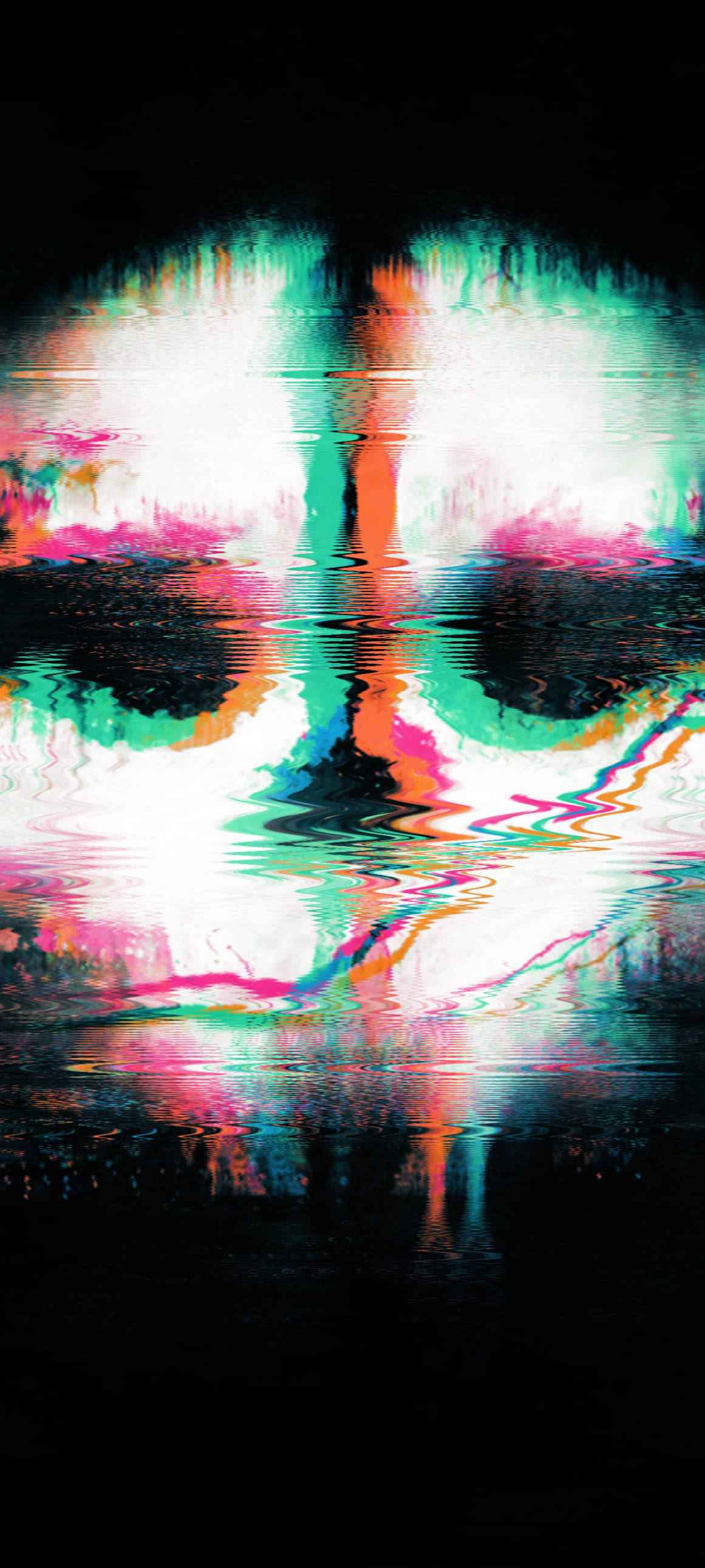 桌布 壁紙 — 一個帶有扭曲眼睛和鮮豔霓虹色彩的故障藝術面孔，倒映在暗水中。