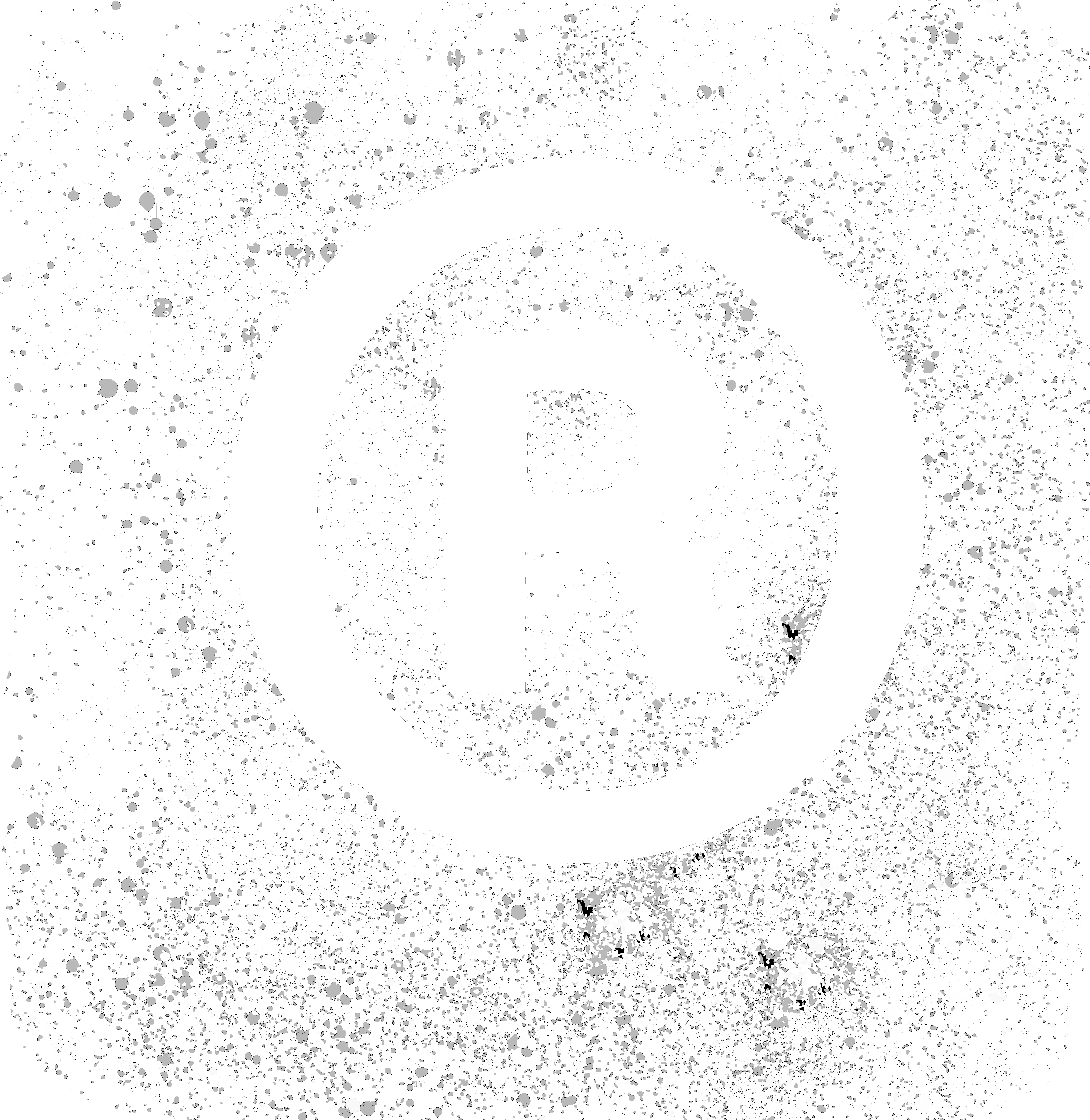 油漬搖滾 桌布 壁紙 — 一個帶有故障效果的像素化字母R從混亂的黑白斑點背景中浮現。