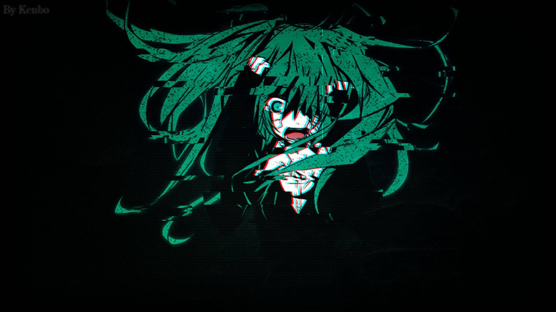 Hatsune Miku 桌布 壁紙 — 一個帶有故障效果的動漫女孩，擁有青綠色頭髮和大眼睛，在黑色背景上凝視，帶有數位扭曲效果。