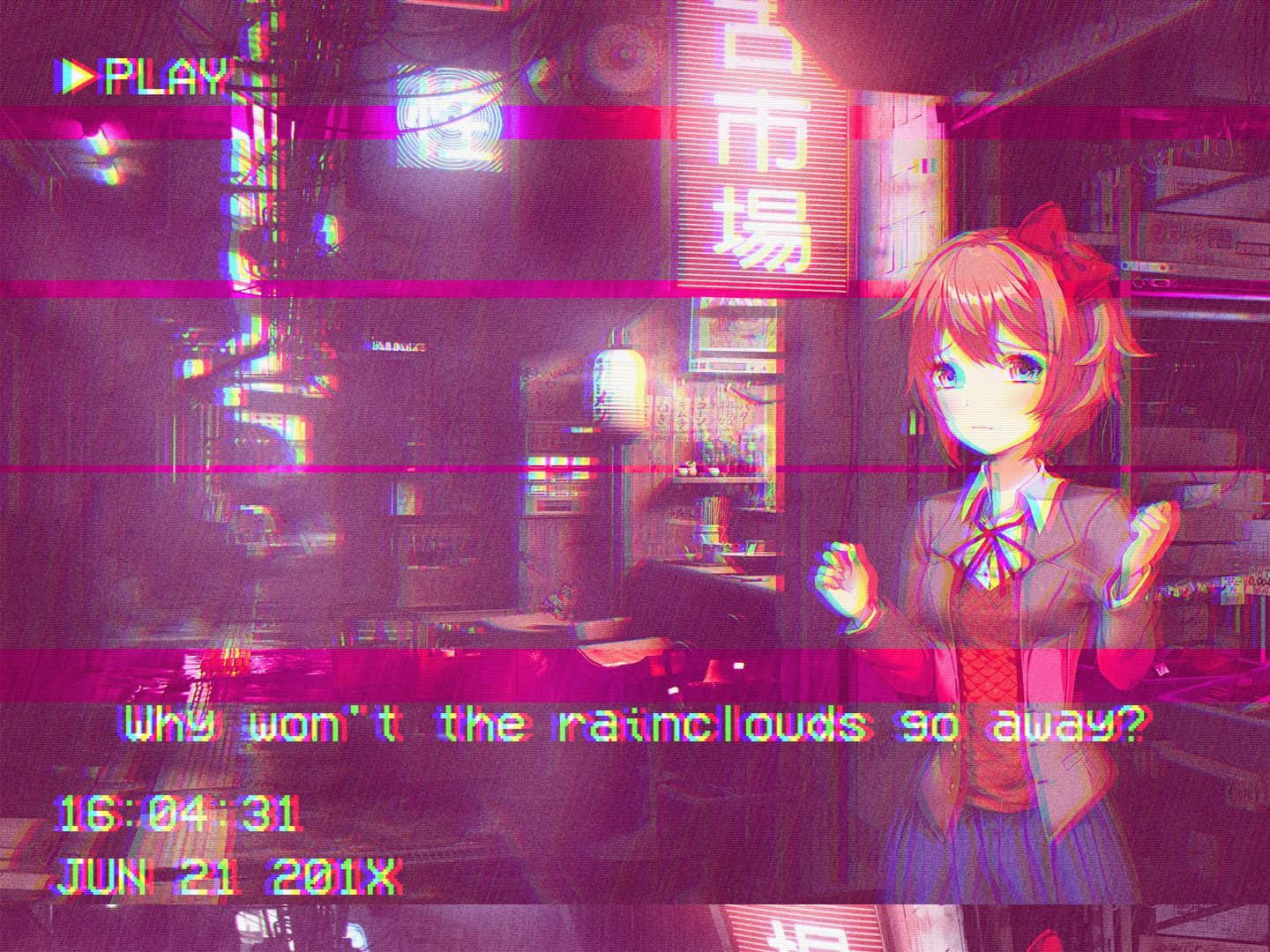Glitch 桌布 壁紙 — 一個帶有故障效果的動漫女孩站在充滿霓虹燈的賽博朋克小巷中，周圍有日文標牌和扭曲的數位疊加層。