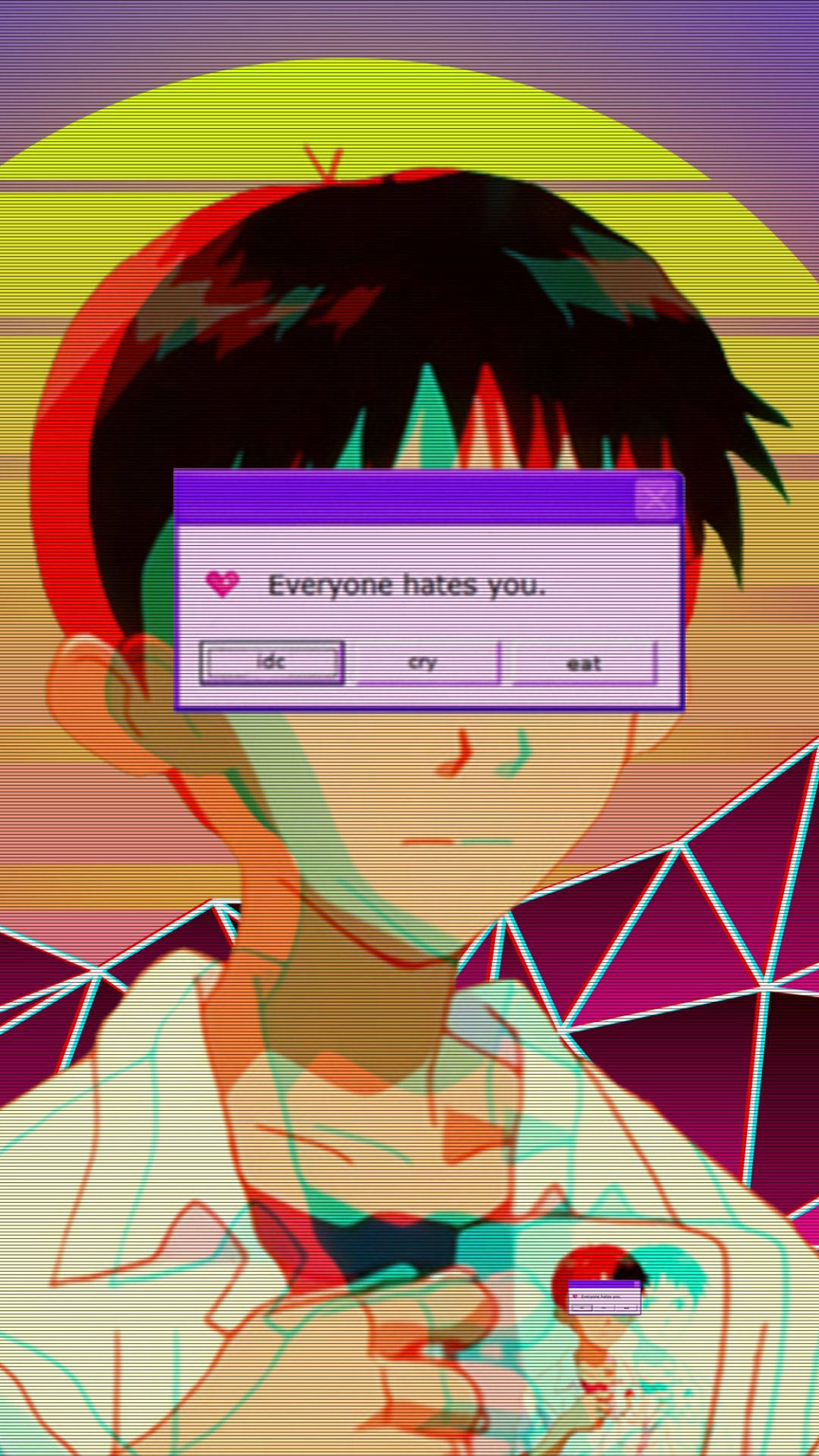 Evangelion Phone 桌布 壁紙 — 一個帶有故障效果的動漫男孩，眼睛上方有一個彈出視窗，上面寫著「每個人都討厭你」，背景是充滿活力的日落。