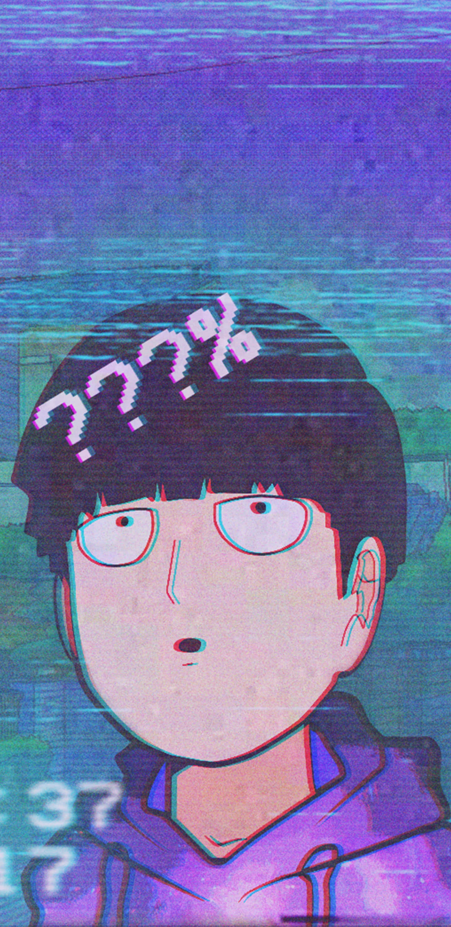 動漫角色 桌布 壁紙 — 一個帶有故障效果的動漫角色，頭頂有問號，在扭曲的紫藍色背景前困惑地凝視。