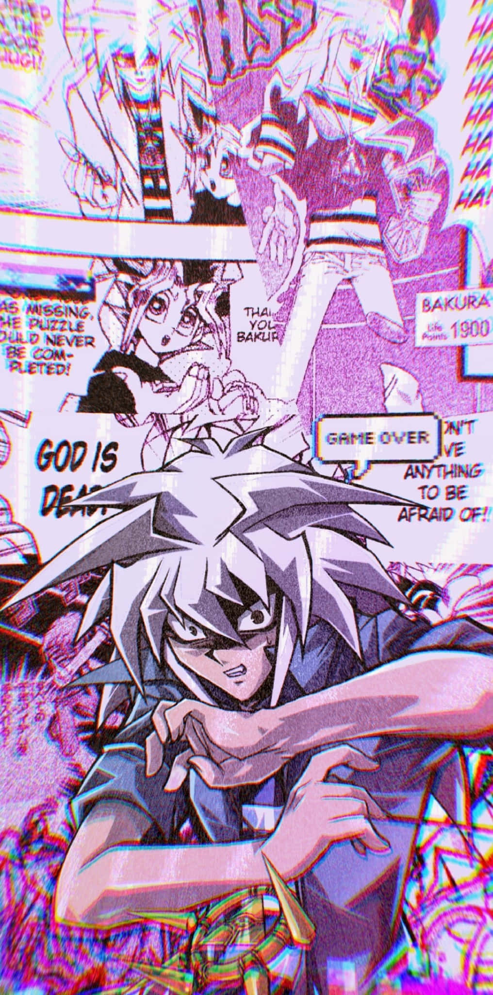Yami Bakura 桌布 壁紙 — 一個帶有故障效果的動畫漫畫面板，展示一個頭髮尖刺、眼神強烈的角色，周圍環繞著漫畫文字和扭曲的紫色視覺效果。