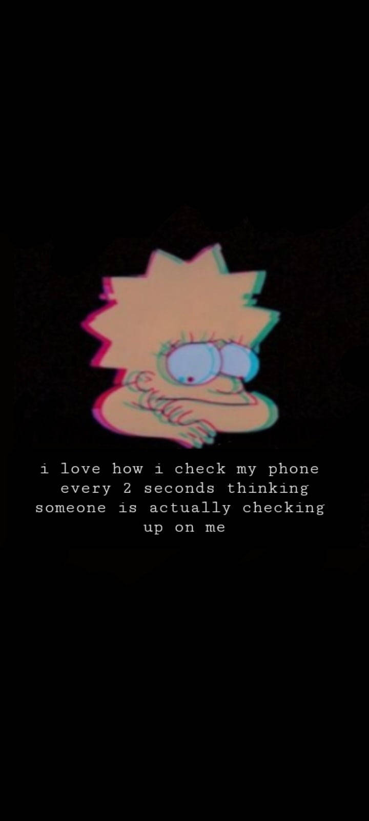 Sad Quotes 桌布 壁紙 — 一個帶有故障效果的卡通角色，睜大眼睛、交叉雙臂，在黑色背景上凝視，並附有關於檢查手機的文字。