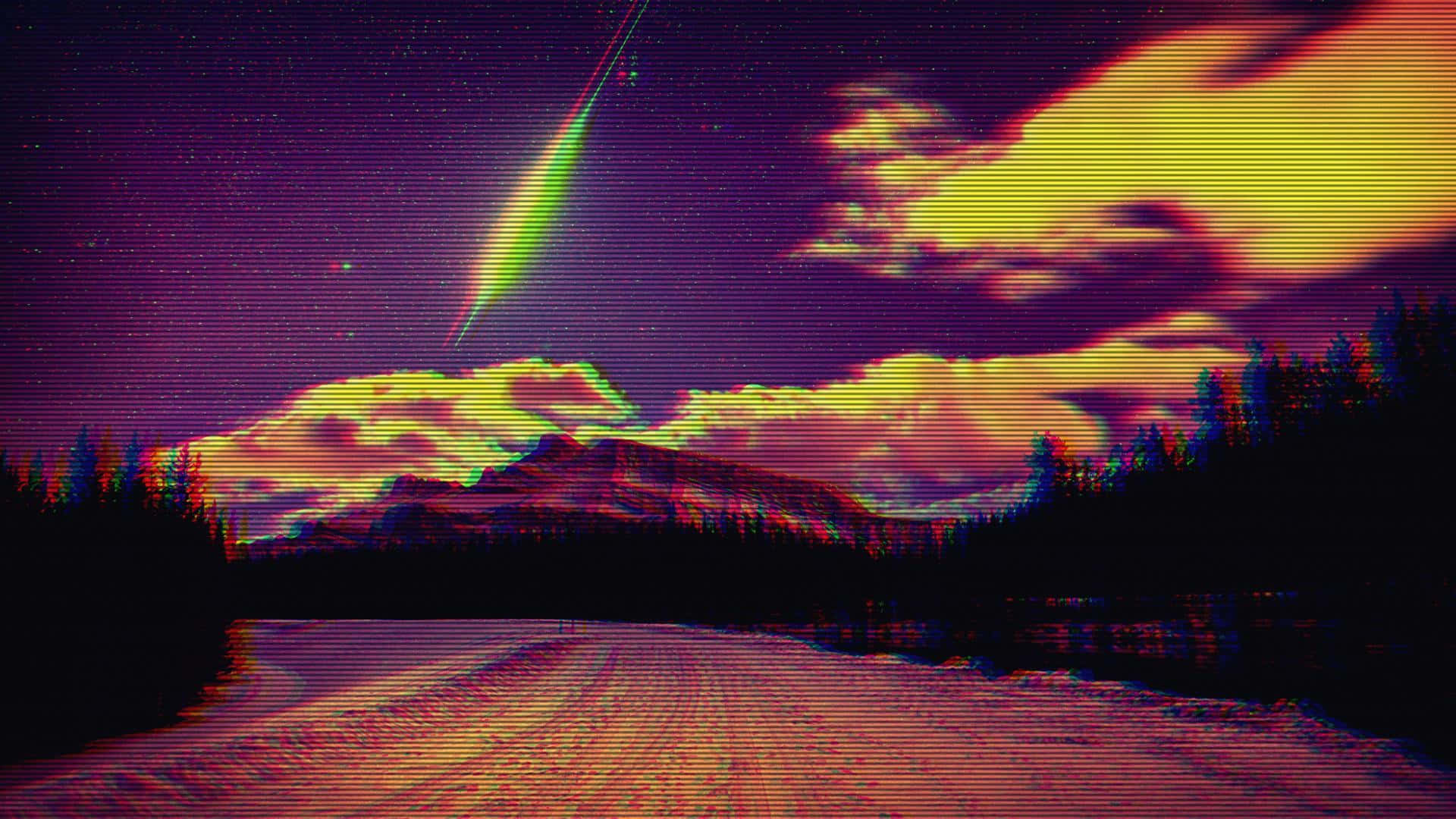 Glitch Effect 桌布 壁紙 — 一個帶有故障效果的夜景顯示一顆充滿活力的流星劃過山脈，伴隨著火熱的雲彩和下方有紋理的道路。