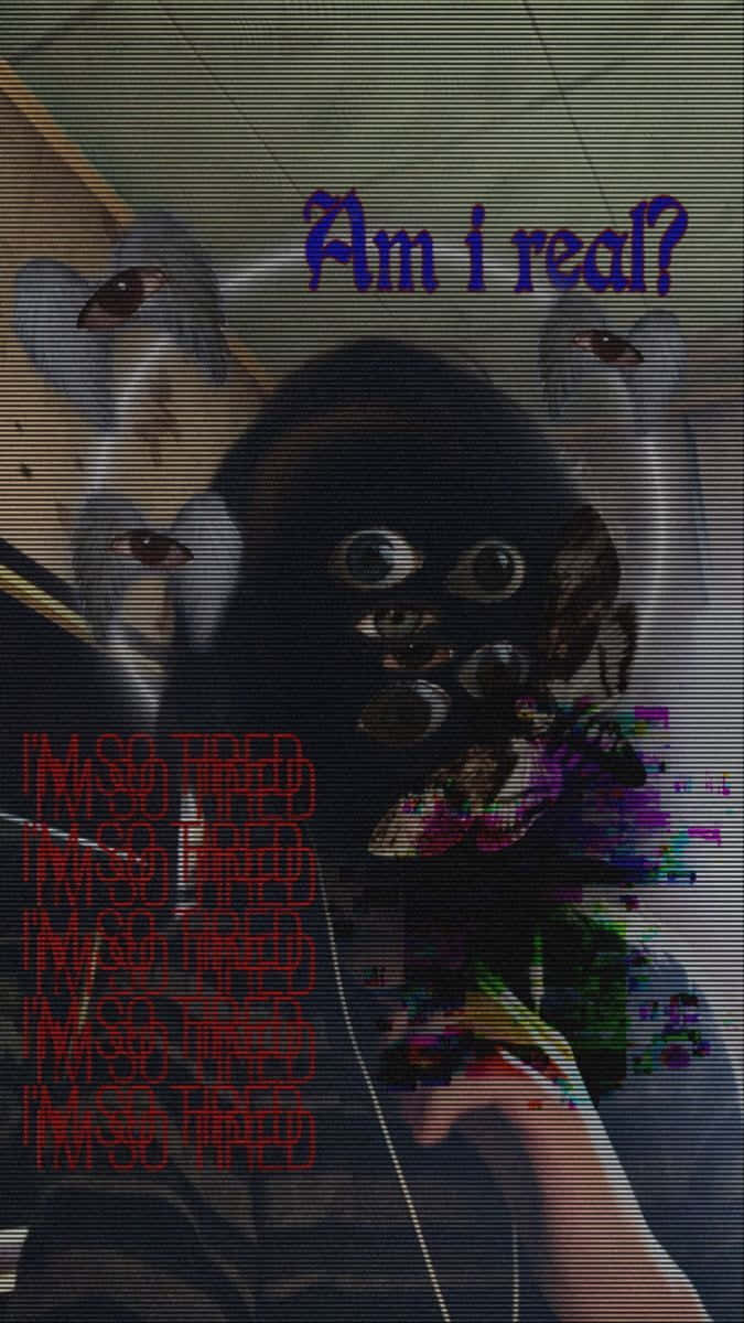 怪核 桌布 壁紙 — 一個帶有故障效果的數位肖像，展示一張扭曲的臉，有多隻眼睛和重複的文字，提出存在主義問題。