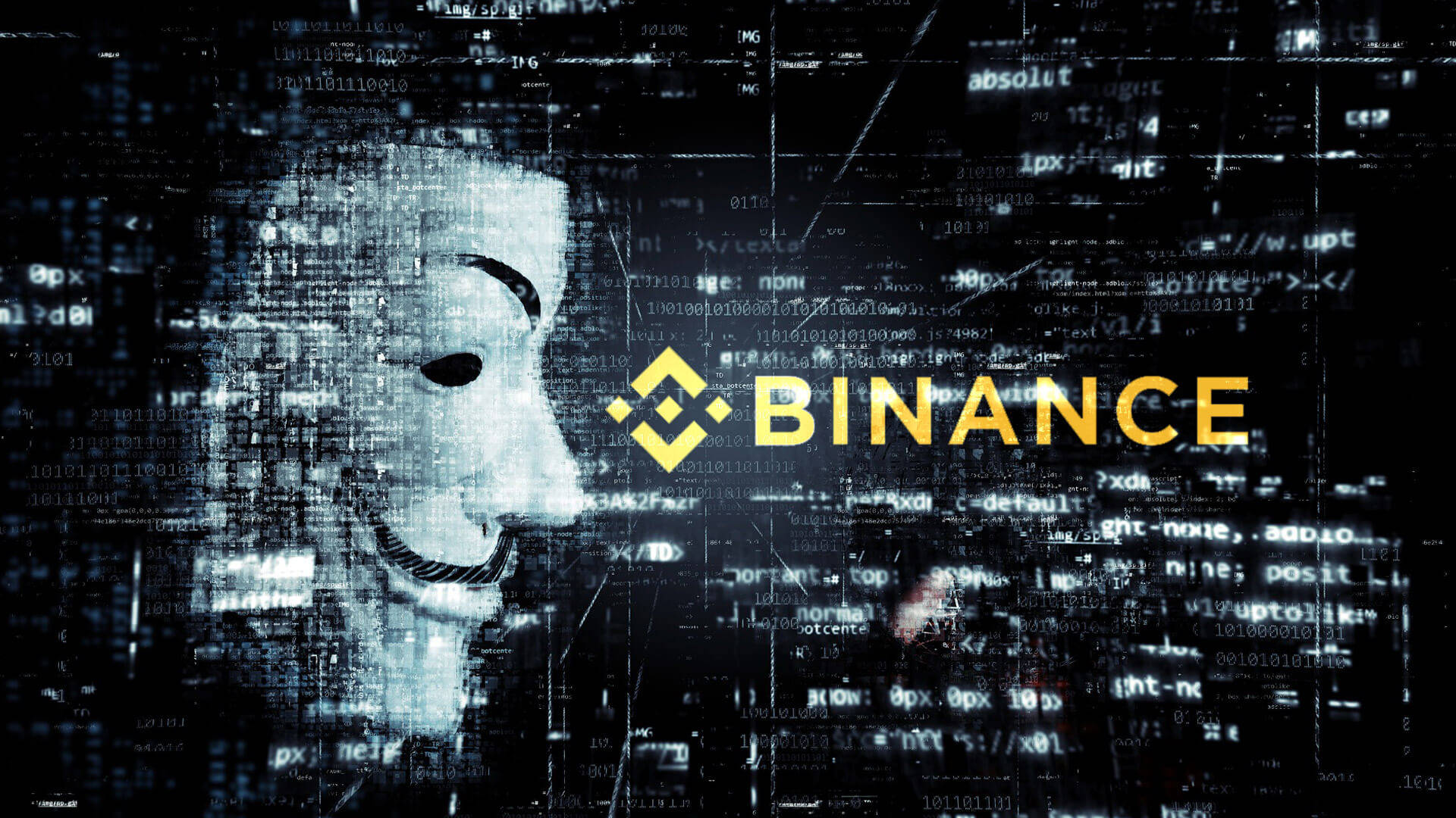 Binance 桌布 壁紙 — 一個帶有故障效果的數位面具從層疊代碼中浮現，幣安標誌在黑暗的網路背景下發出黃光。