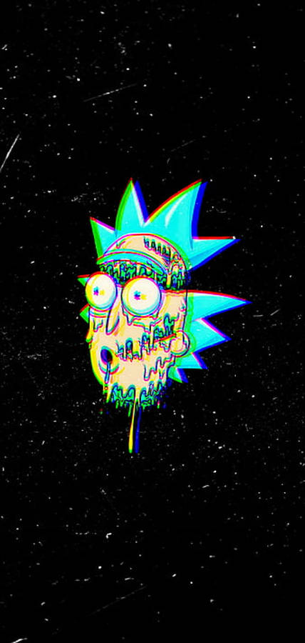 rick 桌布 壁紙 — 一個帶有故障效果的瑞克·桑切斯頭像在星點黑色太空背景上滴落霓虹色彩。