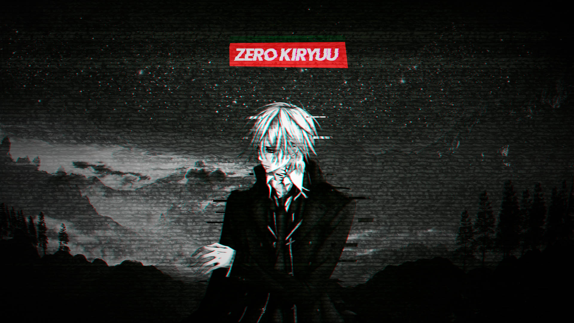 Vampire Knight 桌布 壁紙 — 一個帶有故障效果的白色頭髮動漫角色，站在星空下黑暗的山脈背景前，上方有一個紅色名牌。