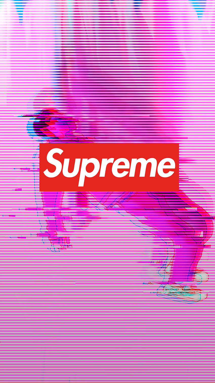 supreme aesthetic 桌布 壁紙 — 一個帶有故障效果的粉紅色和紫色數位扭曲覆蓋在一個帶有破碎人形剪影的紅色Supreme標誌上。