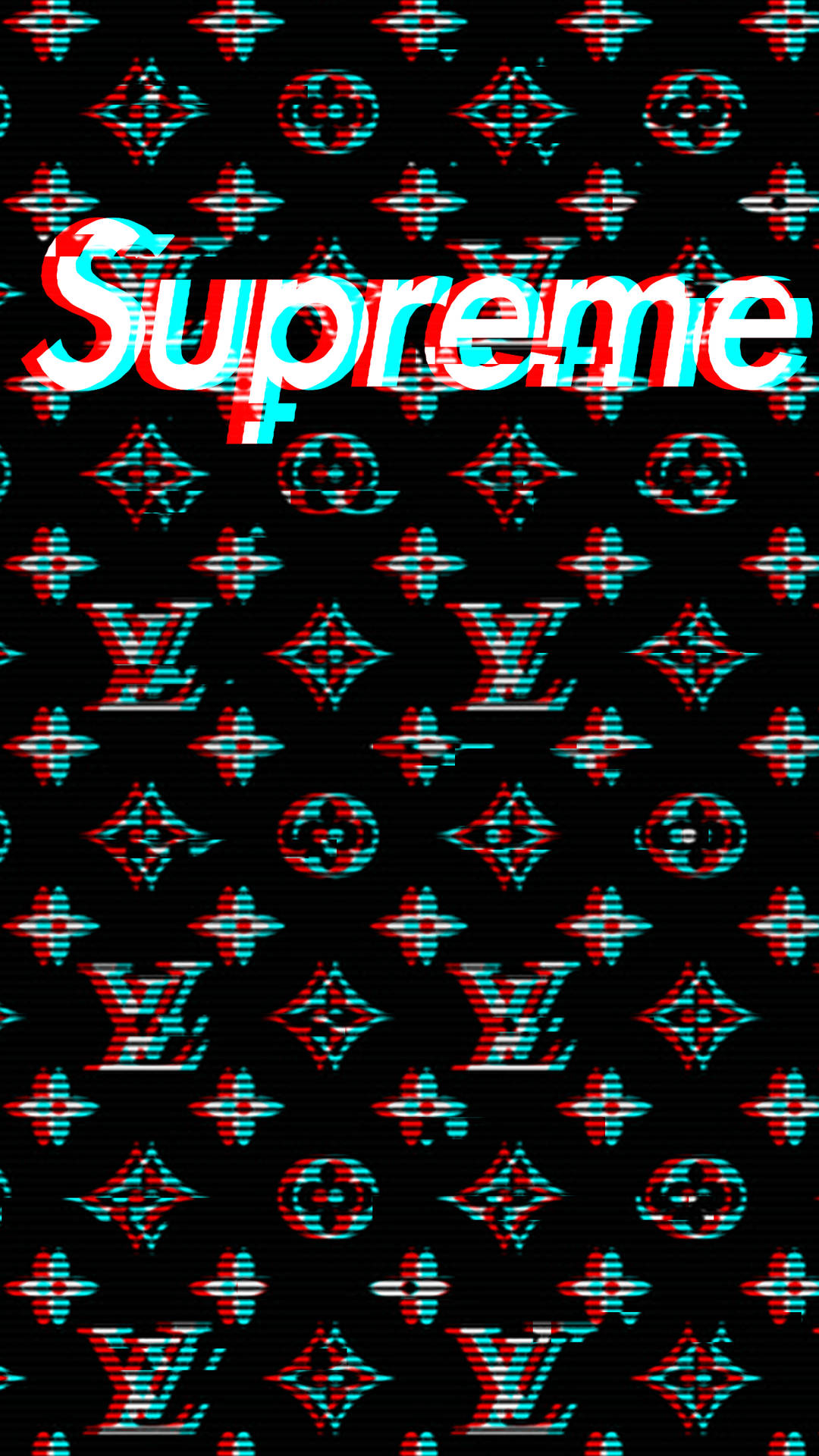 路易威登 桌布 壁紙 — 一個帶有故障效果的紅色和青色Supreme標誌重疊在黑色背景上重複的Louis Vuitton字母組合圖案上。