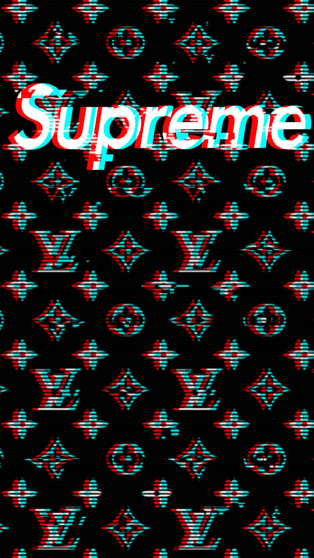 supreme aesthetic 桌布 壁紙 — 一個帶有故障效果的紅色和青色Supreme標誌重疊在黑色背景上重複的Louis Vuitton字母組合圖案上。