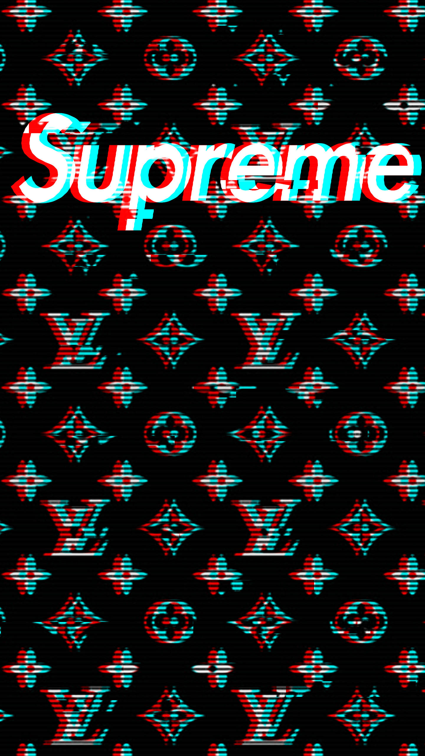 supreme aesthetic 桌布 壁紙 — 一個帶有故障效果的紅色和青色Supreme標誌重疊在黑色背景上重複的Louis Vuitton字母組合圖案上。