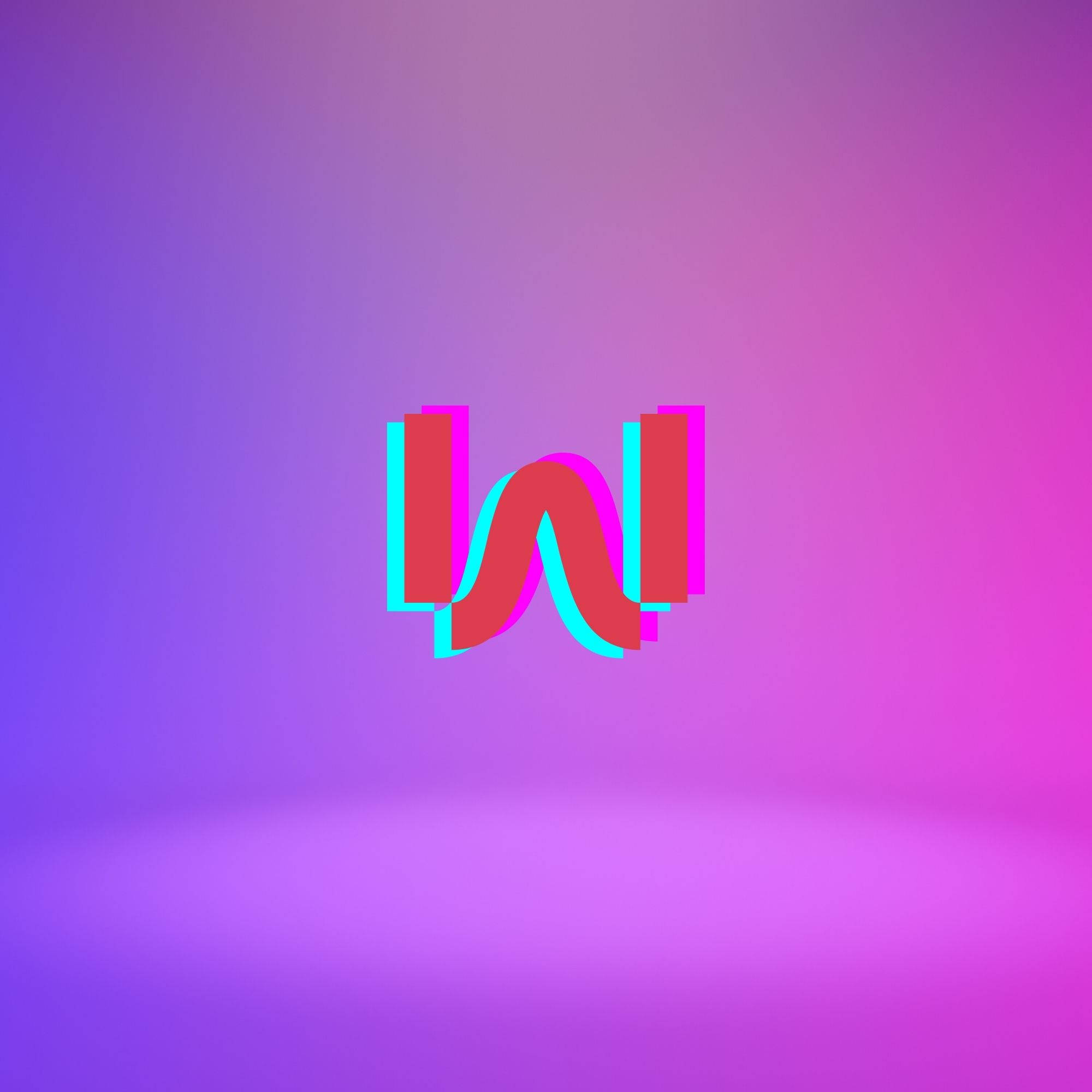 W 桌布 壁紙 — 一個帶有故障效果的紅色和青色風格化字母W，漂浮在紫色和粉紅色的漸變背景上。