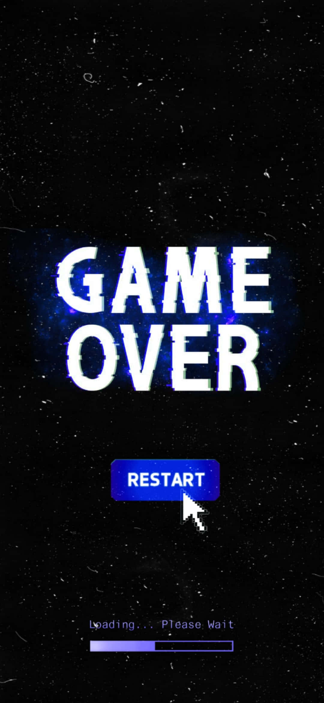 Dark Game Over 桌布 壁紙 — 一個帶有故障效果的遊戲結束畫面，在深色斑點背景上有一個發光的重新啟動按鈕和載入條。