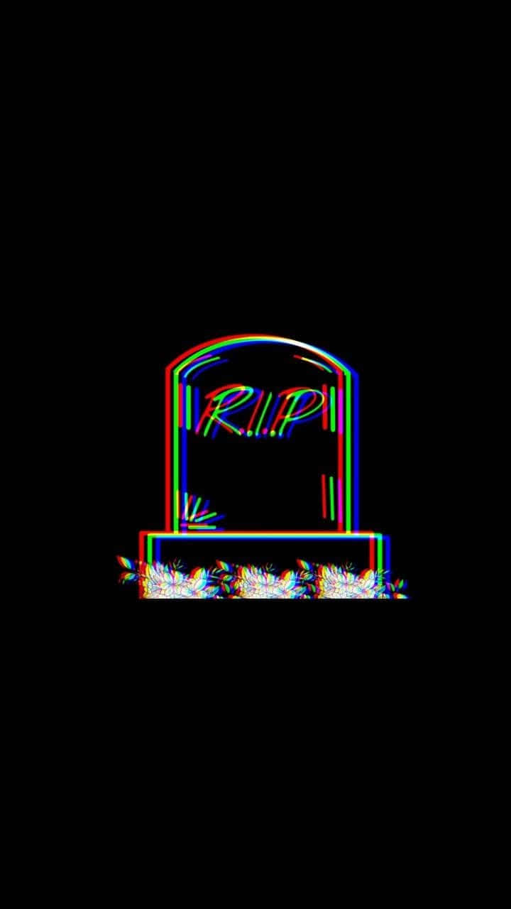 Rip 桌布 壁紙 — 一個帶有故障效果的霓虹墓碑，上面寫著「R.I.P.」，在黑色虛空中發光，帶有扭曲的色差。