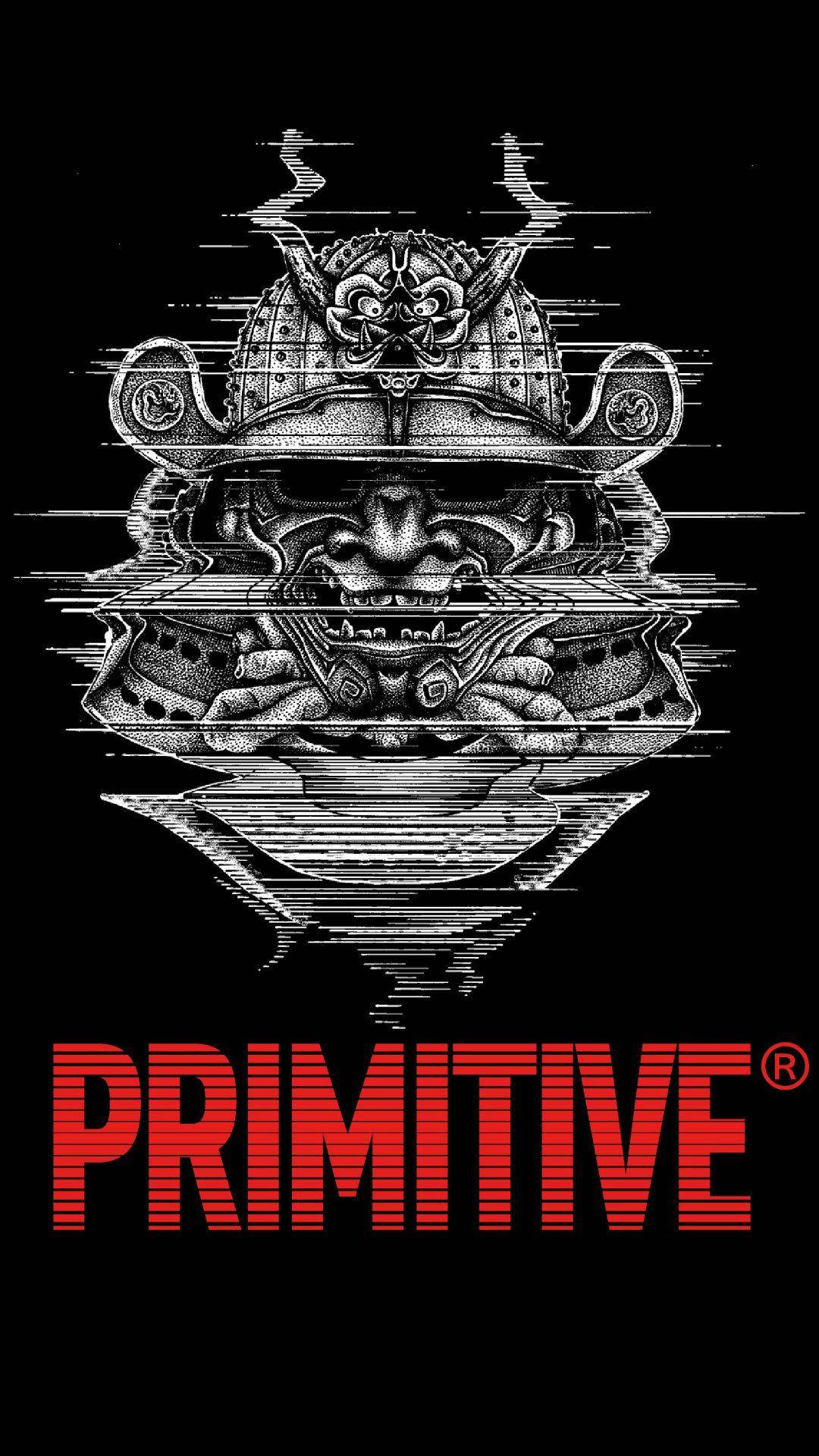 桌布 壁紙 — 一個帶有故障效果的黑白武士頭盔，下方有紅色「PRIMITIVE」文字，背景為黑色。