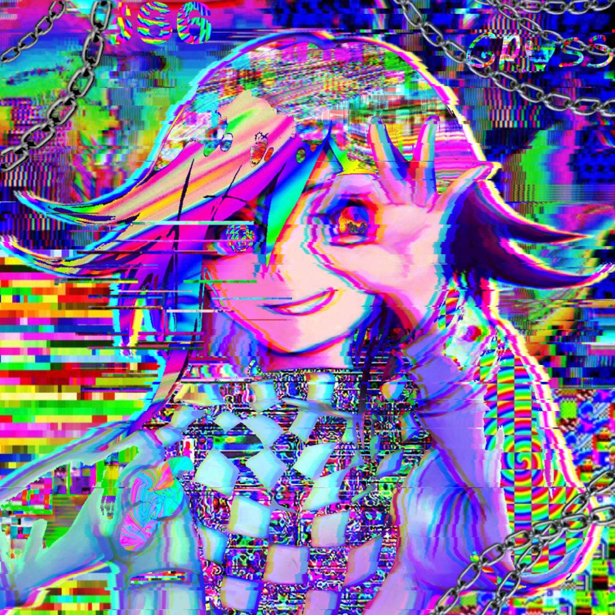 Kidcore 桌布 壁紙 — 一個帶有故障藝術風格的動漫女孩，擁有彩虹頭髮和鎖鏈，在像素化霓虹背景上微笑。