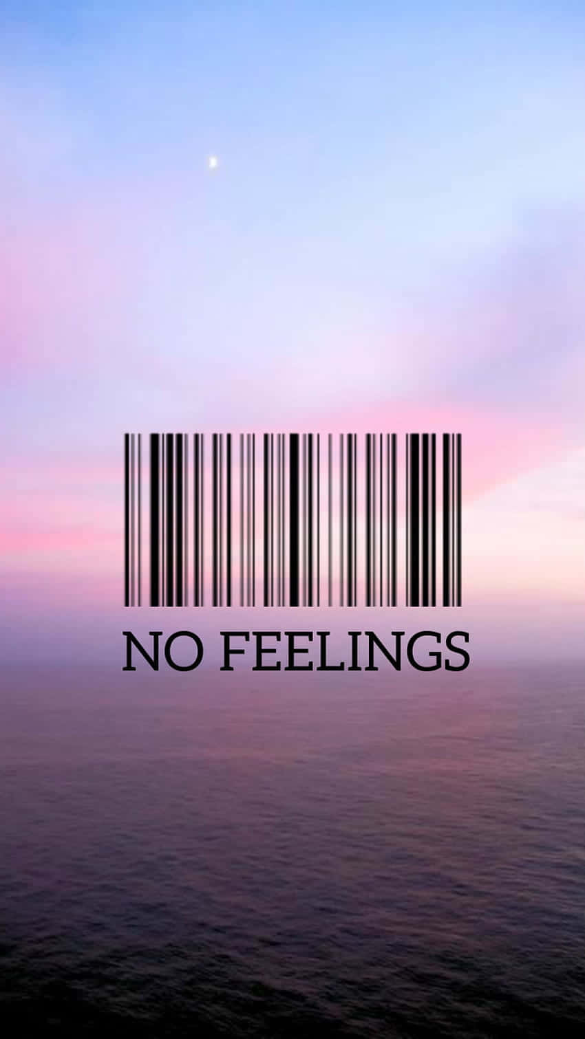 Sad Tumblr 桌布 壁紙 — 一個帶有文字 no feelings 的條碼覆蓋在黃昏時分平靜的海面上，天空呈現柔和粉彩色調。