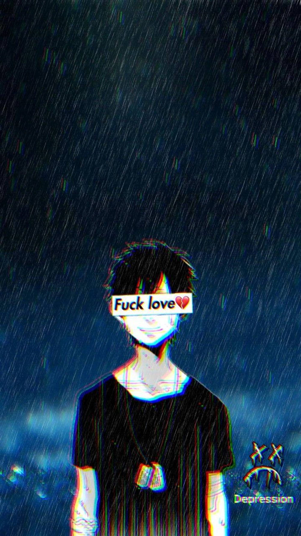 雨中的動漫男孩，帶有「Fuck love」文字和憂鬱浮水印。 — 憂鬱動漫男孩 壁紙